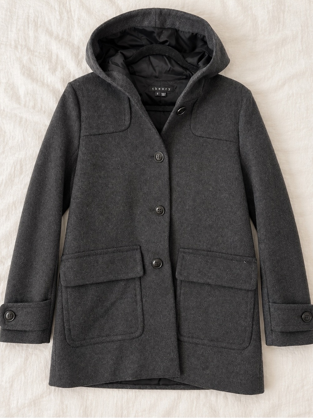 Theory Charcoal Hooded Wool Pea Coat